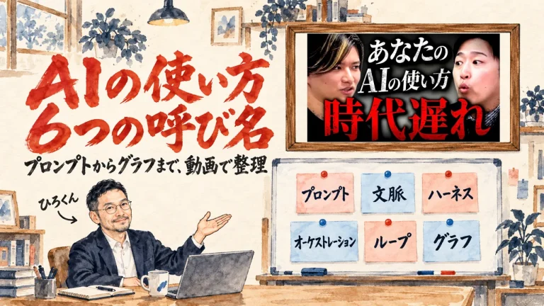 AIの使い方 6つの呼び名。壁の額縁に動画のサムネイルが掛かり、ホワイトボードにプロンプトからグラフまでの6枚の付箋が並ぶ手描き水彩のアイキャッチ