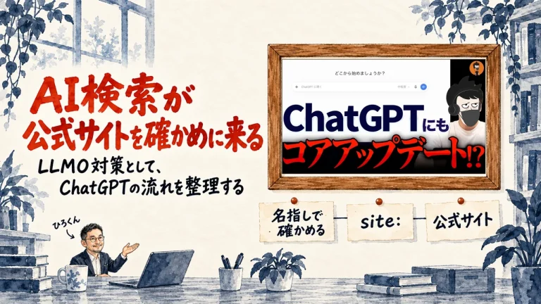 題字と、ひろくんが話す書斎の水彩イラスト。壁の額に入った、LANYの動画のサムネイル