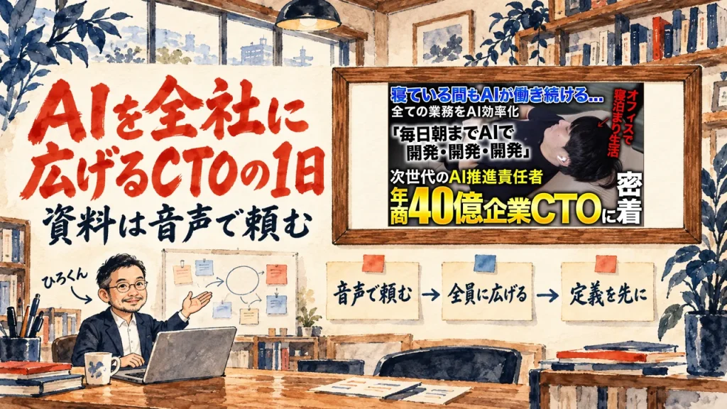 「AIを全社に広げるCTOの1日」の題字と、ひろくんが話す書斎の水彩イラスト。壁の額に入った、動画のサムネイル