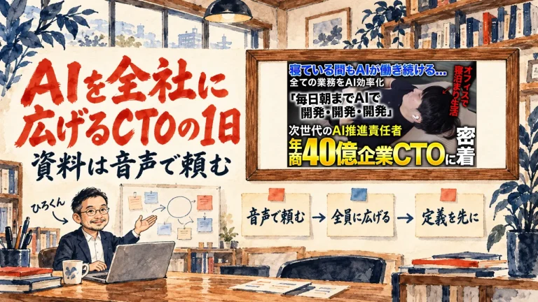 「AIを全社に広げるCTOの1日」の題字と、ひろくんが話す書斎の水彩イラスト。壁の額に入った、動画のサムネイル