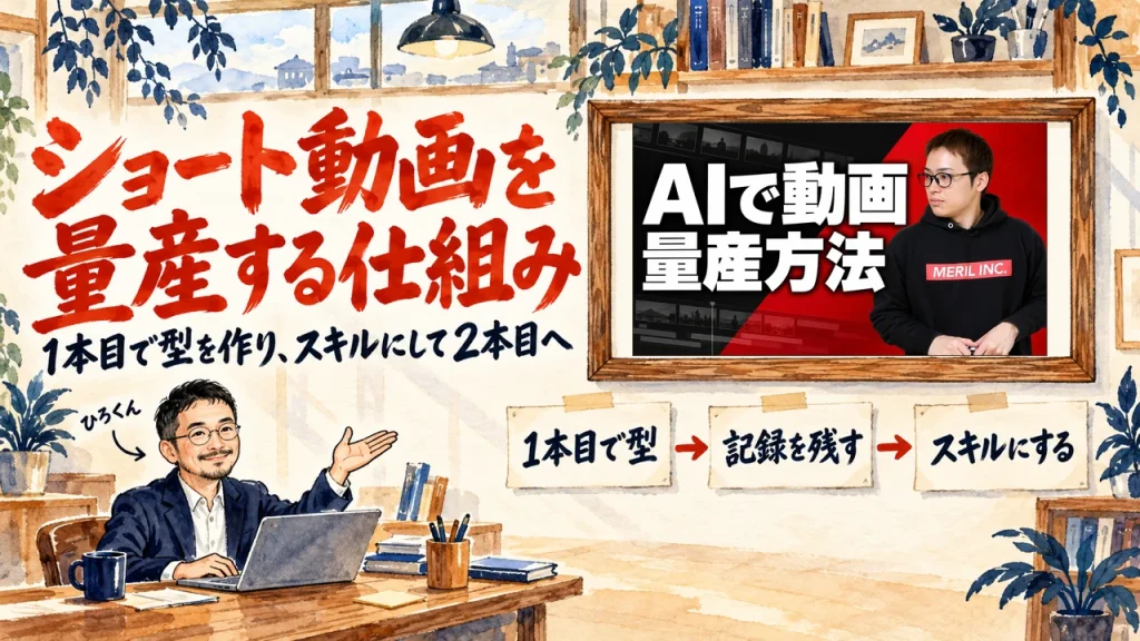 MiniMax Codeでショート動画を量産する仕組みをテーマにしたアイキャッチ。壁の図に3枚の札が並び、ひろくんが手で示している。壁の額縁に動画のサムネイル
