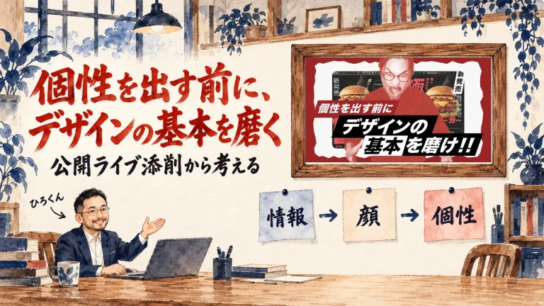題字は個性を出す前に、デザインの基本を磨く。ひろくんが話す書斎の水彩イラストで、壁の額に入った動画のサムネイルと、情報から顔、個性へ進む三枚の付箋が描かれている。動画のサムネイル