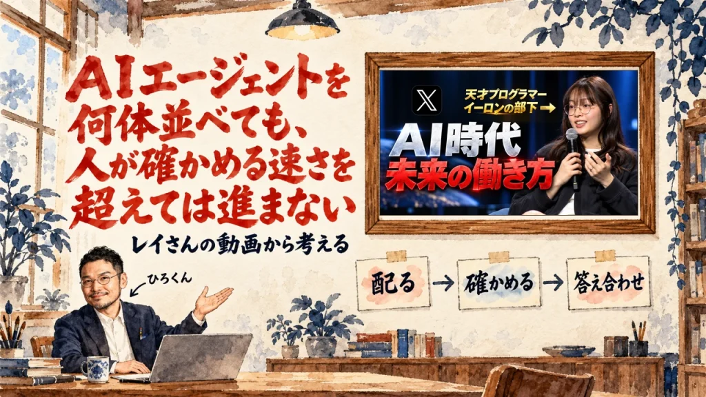 題字はAIを何体並べても、確かめる速さを超えては進まない。ひろくんが話す書斎の水彩イラストで、壁の額に入った動画のサムネイルと、配る、確かめる、答え合わせの三枚の付箋が描かれている。動画のサムネイル