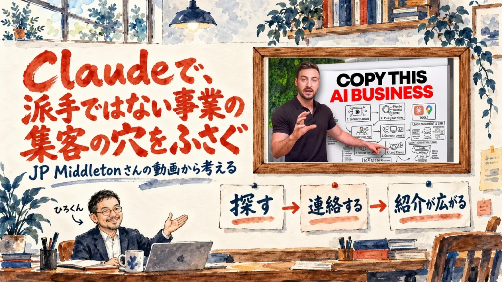 題字はClaudeで、派手ではない事業の集客の穴をふさぐ。ひろくんが話す書斎の水彩イラストで、壁の額に入った動画のサムネイルと、探す、連絡する、紹介が広がる、の三枚の付箋が描かれている