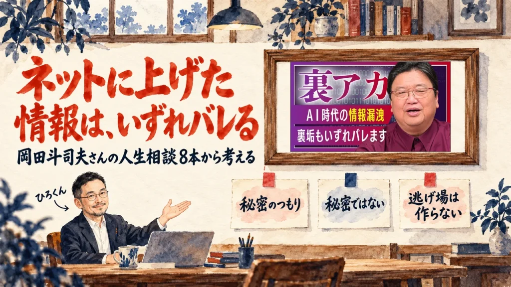 岡田斗司夫さんの人生相談から、ネットに上げた情報はいずれバレると考える。ひろくんが紹介する書斎の水彩イラストで、壁の額に入った動画のサムネイルと、秘密のつもり、秘密ではない、逃げ場は作らない、の三枚の付箋が描かれている。動画のサムネイル