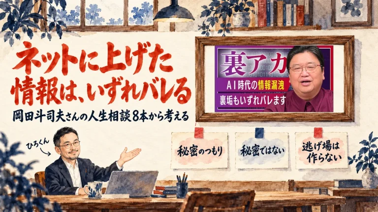 岡田斗司夫さんの人生相談から、ネットに上げた情報はいずれバレると考える。ひろくんが紹介する書斎の水彩イラストで、壁の額に入った動画のサムネイルと、秘密のつもり、秘密ではない、逃げ場は作らない、の三枚の付箋が描かれている。動画のサムネイル
