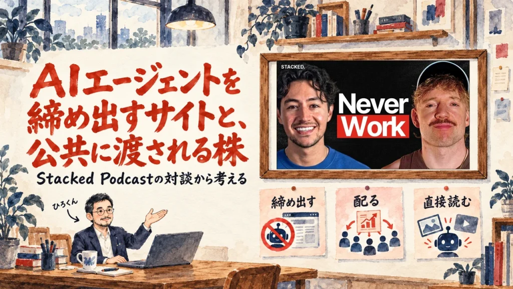 題字はAIエージェントを締め出すサイト、公共に渡される株、画像と動画を直接読むモデル。ひろくんが話す書斎の水彩イラストで、壁の額に入った動画のサムネイルと、締め出す、配る、直接読む、の三枚の付箋が描かれている