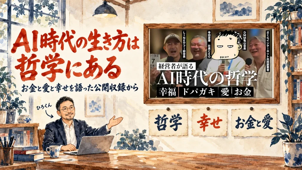 題字はAI時代の生き方は哲学にある。ひろくんが話す書斎の水彩イラストで、壁の額に入った動画のサムネイルと、哲学、幸せ、お金と愛の三枚の付箋が描かれている。動画のサムネイル