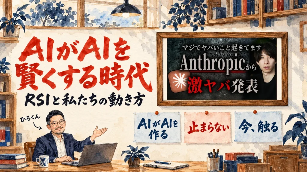 「AIがAIを賢くする時代」の題字と、ひろくんが話す書斎の水彩イラスト。壁の額に入った、ゆうしんさんの動画のサムネイル
