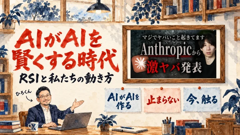 「AIがAIを賢くする時代」の題字と、ひろくんが話す書斎の水彩イラスト。壁の額に入った、ゆうしんさんの動画のサムネイル