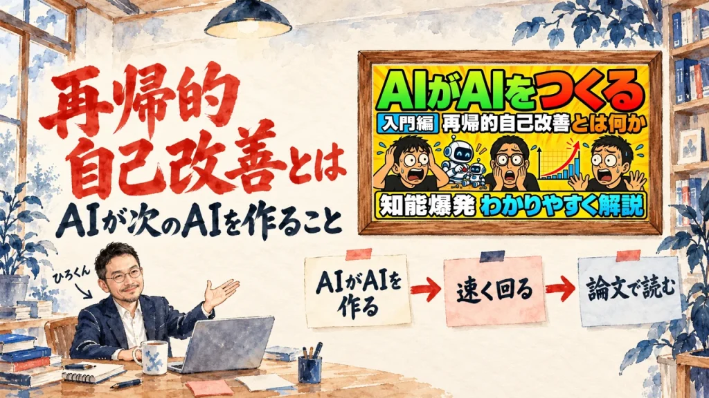 再帰的自己改善とは、AIが次のAIを作ること。ひろくんが話す書斎の水彩イラストで、壁の額に入った動画のサムネイルと、AIがAIを作る、速く回る、論文で読む、の三枚の付箋が描かれている。動画のサムネイル