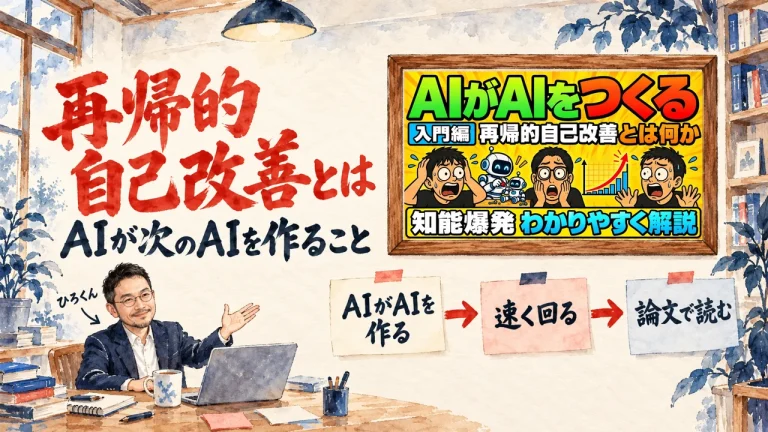 再帰的自己改善とは、AIが次のAIを作ること。ひろくんが話す書斎の水彩イラストで、壁の額に入った動画のサムネイルと、AIがAIを作る、速く回る、論文で読む、の三枚の付箋が描かれている。動画のサムネイル