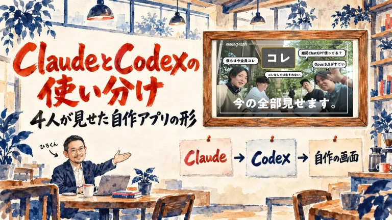 「ClaudeとCodexの使い分け」「4人が見せた自作アプリの形」の題字と、ひろくんがノートパソコンの前で話す、カフェ風の部屋の水彩イラスト。壁の額に入った、動画のサムネイル