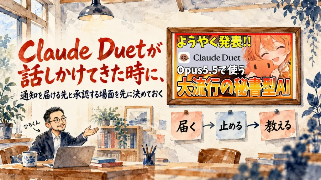 題字はClaude Duetが話しかけてきた時に、通知を届ける先と承認する場面を先に決めておく。ひろくんが話す書斎の水彩イラストで、壁の額に入った動画のサムネイルと、届く、止める、教えるの三枚の付箋が描かれている。動画のサムネイル