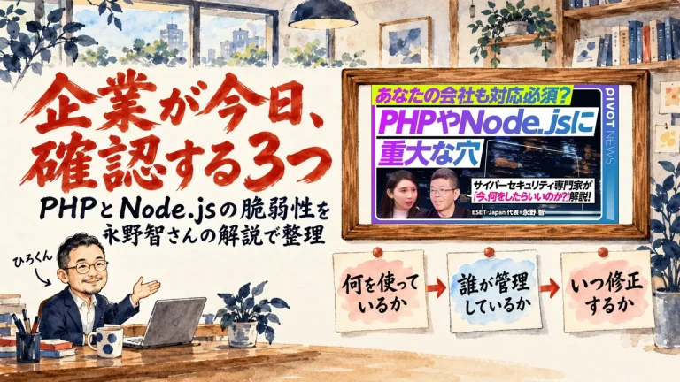 PHPとNode.jsの脆弱性に、企業は今日何を確認するか。ひろくんが紹介する書斎の水彩イラストで、壁の額に動画のサムネイルが入り、何を使っているか、誰が管理しているか、いつ修正するか、の三枚の付箋が並んでいる。動画のサムネイル