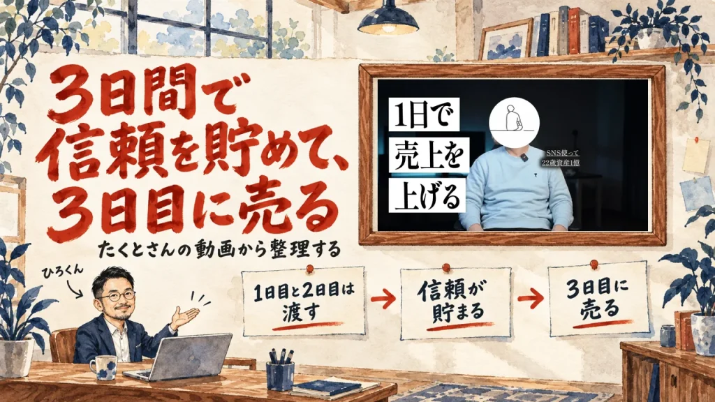 チャレンジローンチは、3日間で信頼を貯めて3日目に売る。ひろくんが紹介する書斎の水彩イラストで、壁の額に入った動画のサムネイルと、1日目と2日目は渡す、信頼が貯まる、3日目に売る、の三枚の付箋が描かれている。動画のサムネイル