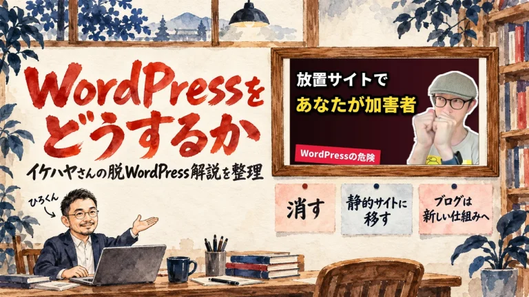 PHPの脆弱性を受けて、WordPressをどうするか。ひろくんが紹介する書斎の水彩イラストで、壁の額に動画のサムネイルが入り、消す、静的サイトに移す、ブログは新しい仕組みへ、の三枚の付箋が並んでいる。動画のサムネイル
