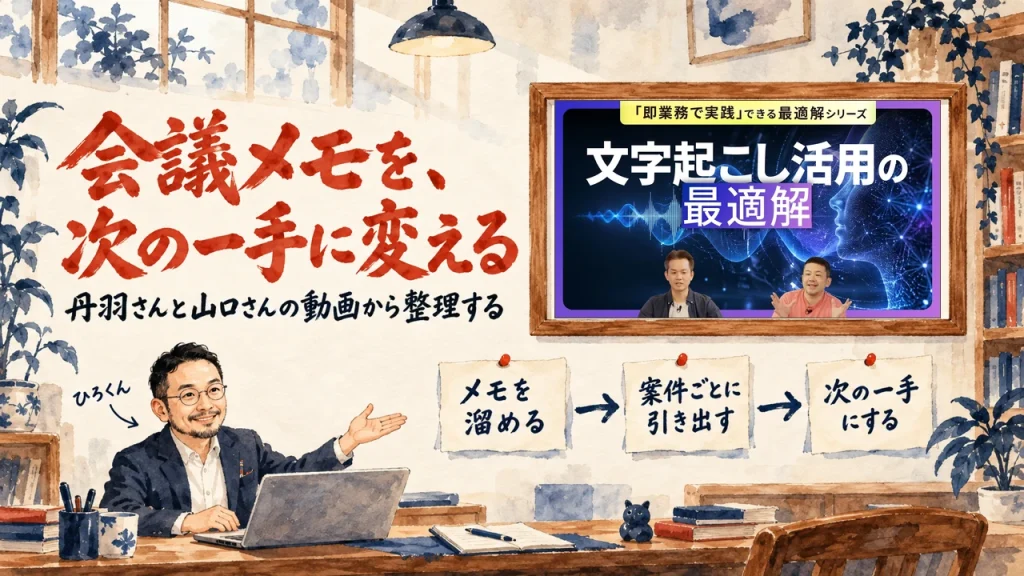 会議の自動メモを、取って終わりにしない。ひろくんが紹介する書斎の水彩イラストで、壁の額に入った動画のサムネイルと、メモを溜める、案件ごとに引き出す、次の一手にする、の三枚の付箋が描かれている。動画のサムネイル
