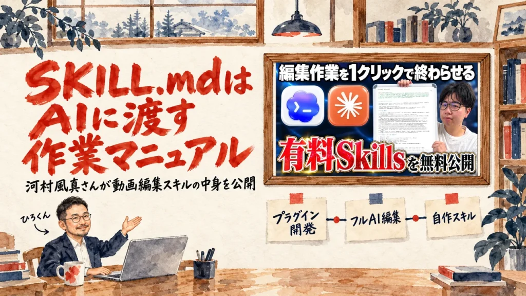 水彩の書斎で、ひろくんが河村風真さんの動画を紹介している絵。壁の額にはAI動画編集Skills全公開の動画のサムネイルが入り、左にSKILL.mdはAIに渡す作業マニュアルという題が書かれている。動画のサムネイル