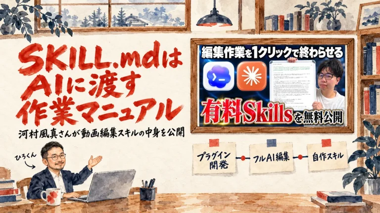 水彩の書斎で、ひろくんが河村風真さんの動画を紹介している絵。壁の額にはAI動画編集Skills全公開の動画のサムネイルが入り、左にSKILL.mdはAIに渡す作業マニュアルという題が書かれている。動画のサムネイル