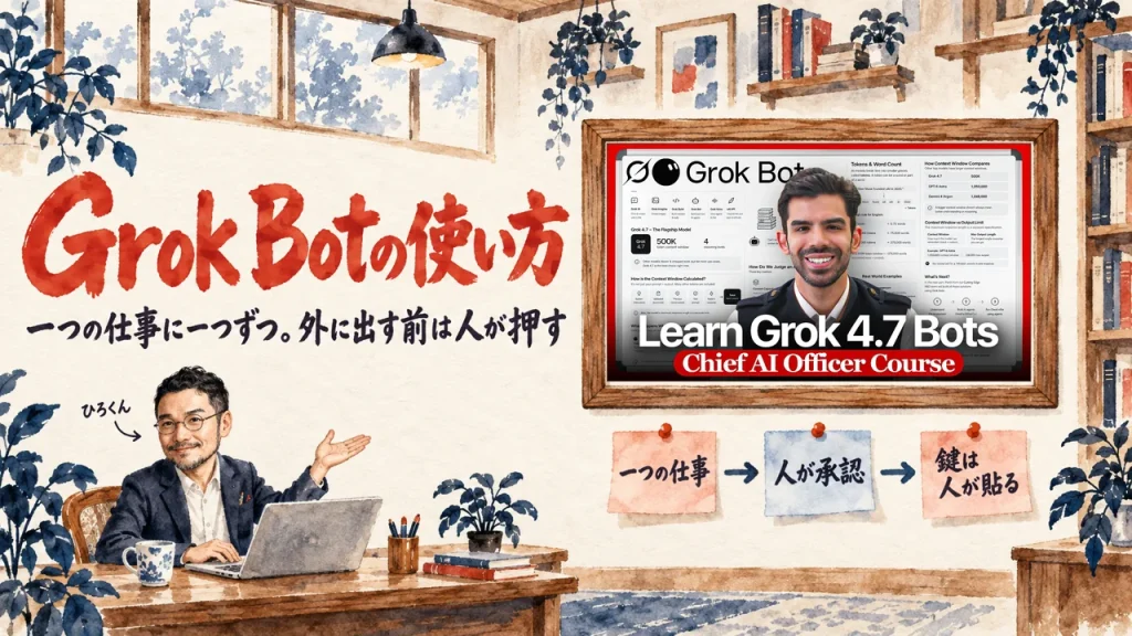 動画のサムネイルを額に入れた壁の前に、ひろくんが小さく立つ。タイトルは「Grok Botの使い方」