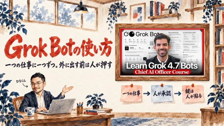 動画のサムネイルを額に入れた壁の前に、ひろくんが小さく立つ。タイトルは「Grok Botの使い方」