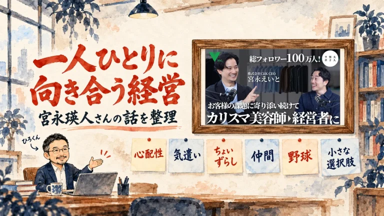 一人ひとりに向き合う経営。書斎の水彩イラストで、左下のひろくんが壁の六枚の付箋、心配性、気遣い、ちょいずらし、仲間、野球、小さな選択肢、を紹介し、壁の額に動画のサムネイル