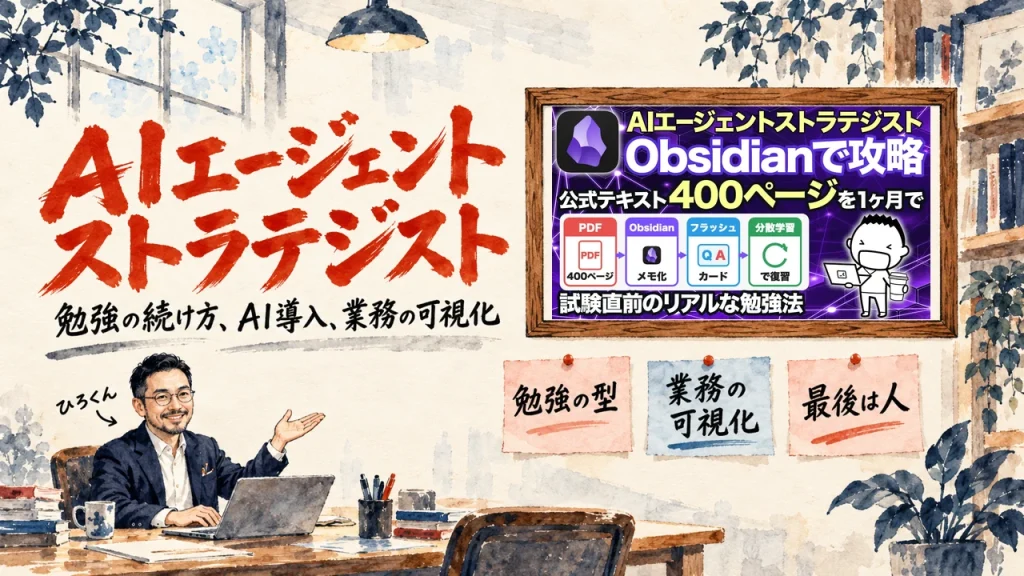「AIエージェントストラテジスト」「勉強の続け方、AI導入、業務の可視化」の題字と、ひろくんがノートパソコンの前で話す、書斎風の部屋の水彩イラスト。壁の額に入った、動画のサムネイル