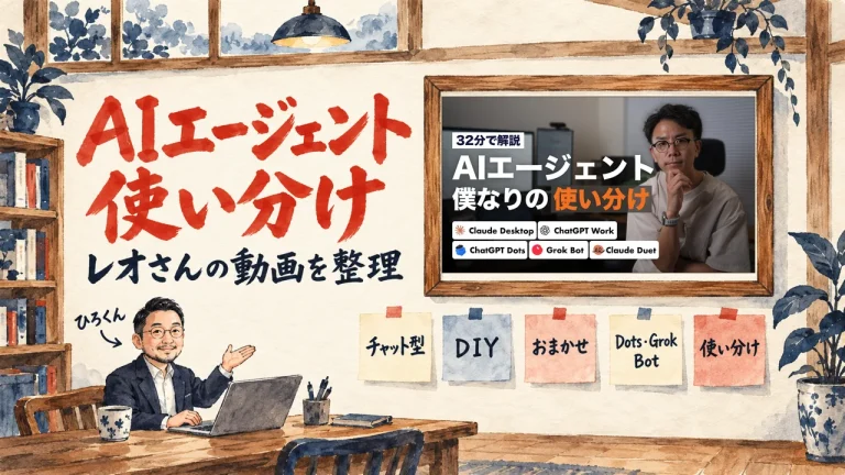 AIエージェントの使い分けを整理する。書斎の水彩イラストで、ひろくんが壁の付箋、チャット型、DIY、おまかせ、Dots・Grok Bot、使い分け、を紹介し、壁に動画のサムネイル