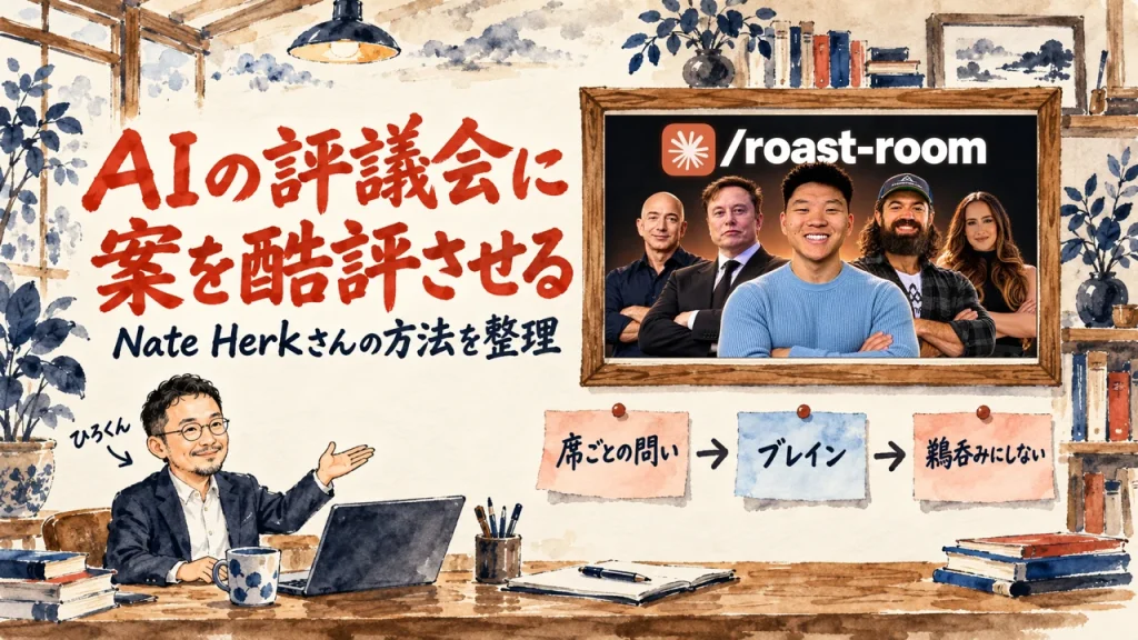 Claude Codeの中の評議会で、自分の案を酷評させる。ひろくんが紹介する書斎の水彩イラストで、壁の額に動画のサムネイルが入り、席ごとの問い、ブレイン、鵜呑みにしない、の三枚の付箋が並んでいる。動画のサムネイル