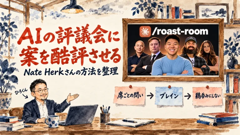 Claude Codeの中の評議会で、自分の案を酷評させる。ひろくんが紹介する書斎の水彩イラストで、壁の額に動画のサムネイルが入り、席ごとの問い、ブレイン、鵜呑みにしない、の三枚の付箋が並んでいる。動画のサムネイル