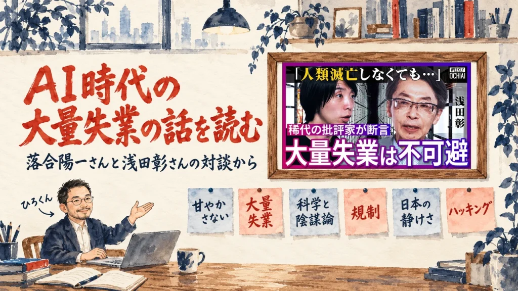 落合陽一さんと浅田彰さんの対談を整理した記事の水彩イラスト。書斎でひろくんが壁の六枚の付箋、子供を甘やかさない、大量失業、科学と陰謀論、規制、日本の静けさ、ハッキング、を紹介し、壁の額に動画のサムネイル