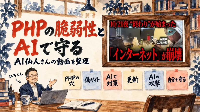AI仙人さんの動画を整理した記事の水彩イラスト。書斎でひろくんが壁の六枚の付箋、PHPの穴、偽サイト、AIで対策、更新、AIの攻撃、自分で守る、を紹介し、壁の額に動画のサムネイル