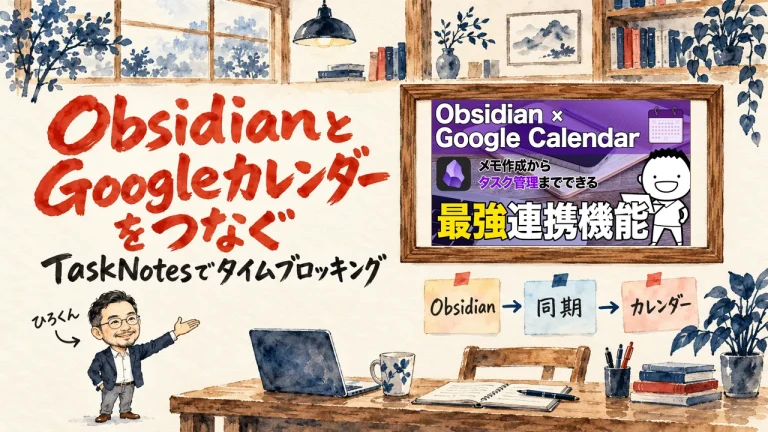 「ObsidianとGoogleカレンダーをつなぐ」の題字と、ひろくんが話す書斎の水彩イラスト。壁に動画のサムネイル