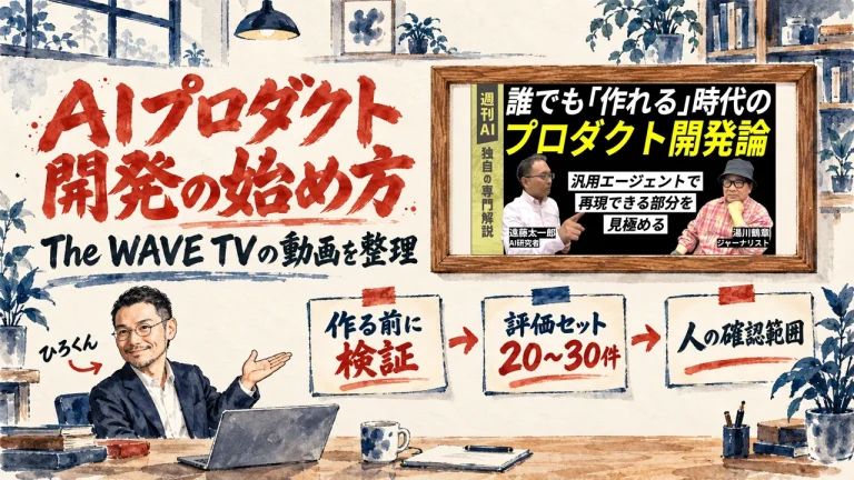 AIプロダクト開発の始め方を二人が話す動画を、ひろくんが整理する書斎の水彩イラスト。壁の額に動画のサムネイルが入り、机の上に評価セットの付箋が並んでいる。動画のサムネイル