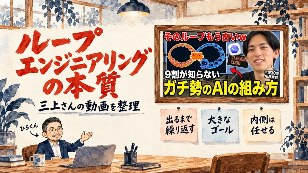 ループエンジニアリングを話す動画を、ひろくんが整理する書斎の水彩イラスト。壁の額に動画のサムネイルが入り、壁の付箋に「出るまで繰り返す」「大きなゴール」「内側は任せる」と並んでいる。動画のサムネイル