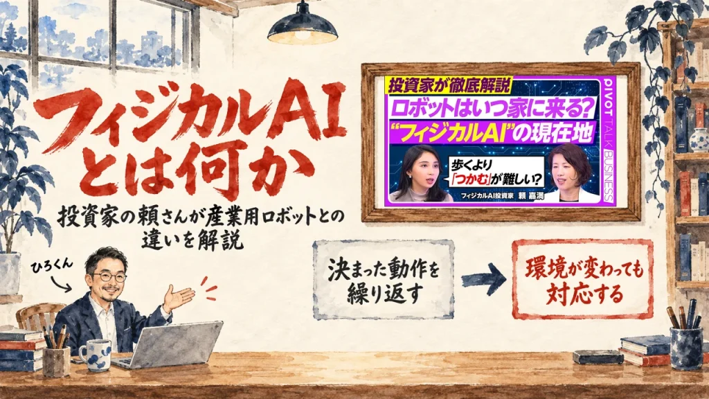 フィジカルAIとは何かを、投資家の頼さんが産業用ロボットとの違いから解説する動画の紹介。ひろくんが書斎で手を向ける水彩イラストで、壁の額に動画のサムネイルが入り、決まった動作を繰り返すから環境が変わっても対応する、へ向かう二つの札が描かれている。動画のサムネイル