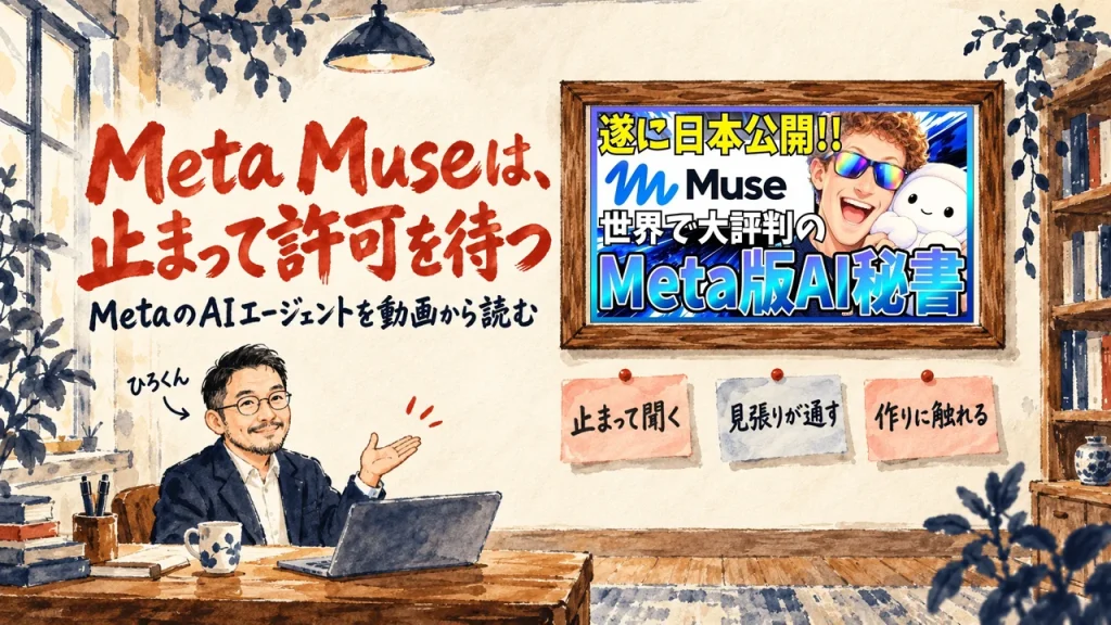 MetaのMuseは、お金が動く前に止まって聞く。ひろくんが紹介する書斎の水彩イラストで、壁の額に入った動画のサムネイルと、止まって聞く、見張りが通す、作りに触れる、の三枚の付箋が描かれている。動画のサムネイル