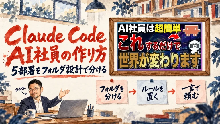 Claude Codeで作るAI社員。ひろくんが紹介する書斎の水彩イラストで、壁の額に入った動画のサムネイルと、フォルダを分ける、ルールを置く、一言で頼む、の三枚の付箋が描かれている。動画のサムネイル