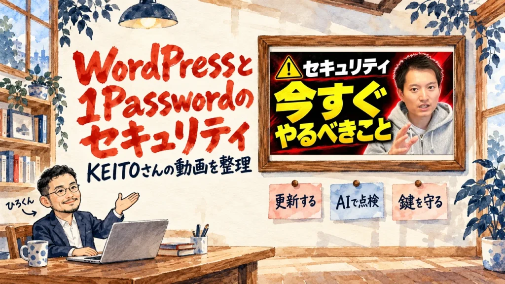 WordPressと1Passwordのセキュリティ。ひろくんが紹介する書斎の水彩イラストで、壁の額に入った動画のサムネイルと、更新する、AIで点検する、鍵を守る、の三枚の付箋が描かれている。動画のサムネイル