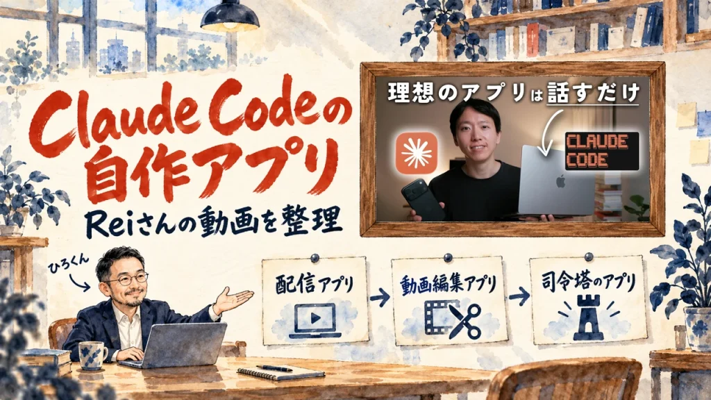 Claude Codeの自作アプリをReiさんが紹介する動画を、ひろくんが整理する書斎の水彩イラスト。壁の額に動画のサムネイルが入り、机の上に三つのアプリを並べた付箋が置かれている。動画のサムネイル
