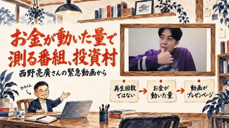 再生回数ではなく、お金が動いた量で測る番組、投資村。ひろくんが紹介する書斎の水彩イラストで、壁の額に入った動画のサムネイルと、再生回数ではない、お金が動いた量、動画がプレゼンページ、の三枚の付箋が描かれている。動画のサムネイル