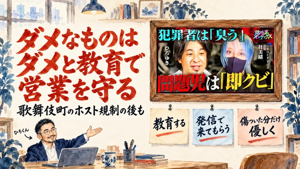 歌舞伎町のホスト規制の後も、ダメなものはダメと教育で営業を守る。ひろくんが紹介する書斎の水彩イラストで、壁の額に入った動画のサムネイルと、教育する、発信で来てもらう、傷ついた分だけ優しくできる、の三枚の付箋が描かれている。動画のサムネイル