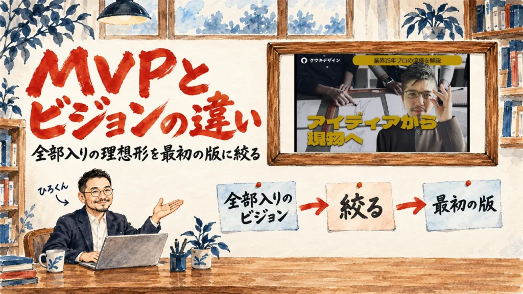 アイキャッチ。題字と、ひろくんが話す書斎の水彩イラスト。壁の額に入った、クウキデザインの動画のサムネイル
