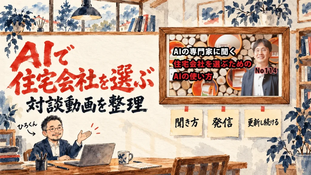 住宅会社の選び方を生成AIの専門家に聞く動画を、ひろくんが整理する書斎の水彩イラスト。壁の額に動画のサムネイルが入り、机の上に三つの札を並べた付箋が置かれている。動画のサムネイル