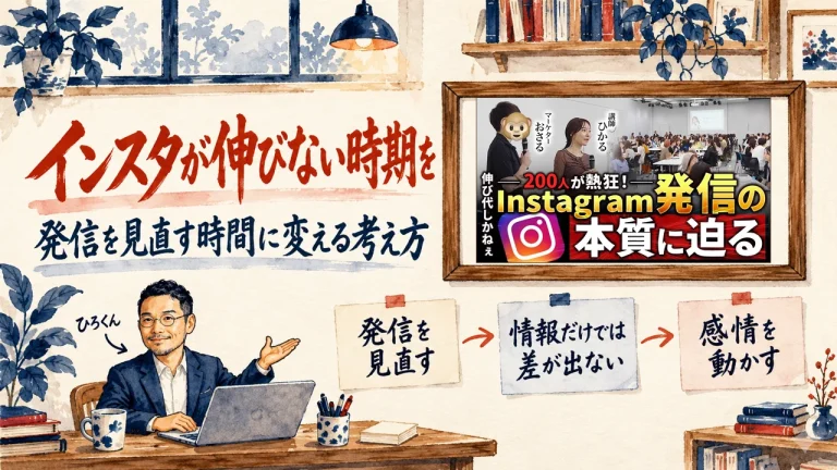 インスタが伸びない時期を、発信を見直す時間に変える考え方。ひろくんが紹介する書斎の水彩イラストで、壁の額に入った動画のサムネイルと、発信を見直す、情報だけでは差が出ない、感情を動かす、の三枚の付箋が描かれている。動画のサムネイル