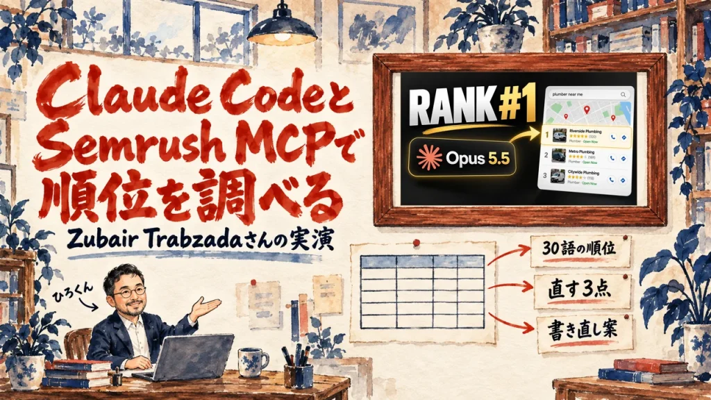 Claude CodeにSemrush MCPをつなぎ、検索順位の調査から書き直しまで進める手順のアイキャッチ。順位表と3つの直し方を描いた図と、壁の額縁に入った動画のサムネイル