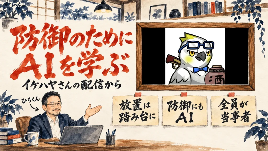 防御のためにAIを学ぶ時代。ひろくんが紹介する書斎の水彩イラストで、壁の額に入った動画のサムネイルと、放置は踏み台に、防御にもAI、全員が当事者、の三枚の付箋が描かれている。動画のサムネイル
