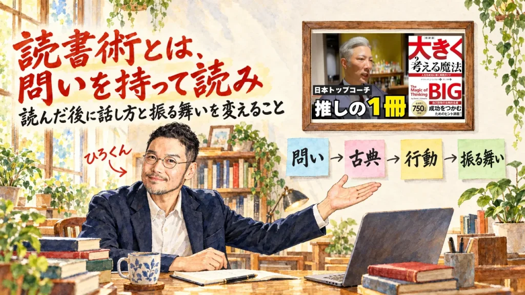 水彩の部屋で、笑顔のひろくんが右手で、問い、古典、行動、振る舞い、の4枚の付箋を紹介している。壁の額縁には動画のサムネイルが入っている。