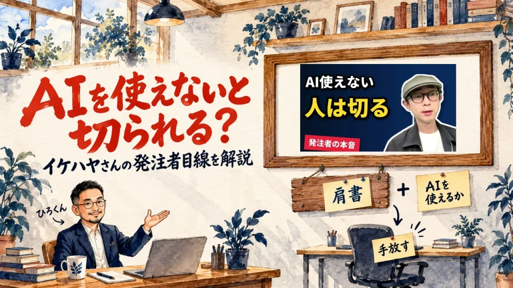 AIを使えないフリーランスは切られるのかを、発注者の目線から考える記事のアイキャッチ。ひろくんが紹介する書斎の水彩イラストで、壁の額に入った動画のサムネイルが描かれている。動画のサムネイル